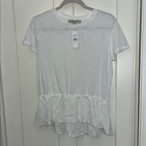 NWT LOFT White cotton Short Sleeve Ruffle Top, medium